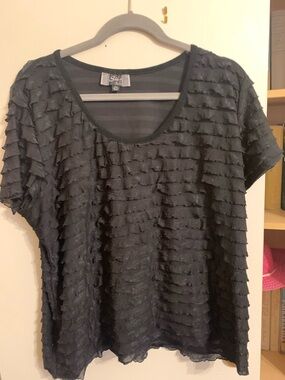 Slinky Brand Black Ruffle Tier Scoop Neck Short Sleeve Top